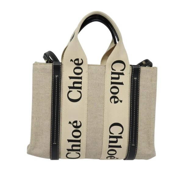 Chloe Woody Small Hand Bag Canvas 2way Beige Silver Auth am8330 - Picture 4 of 16